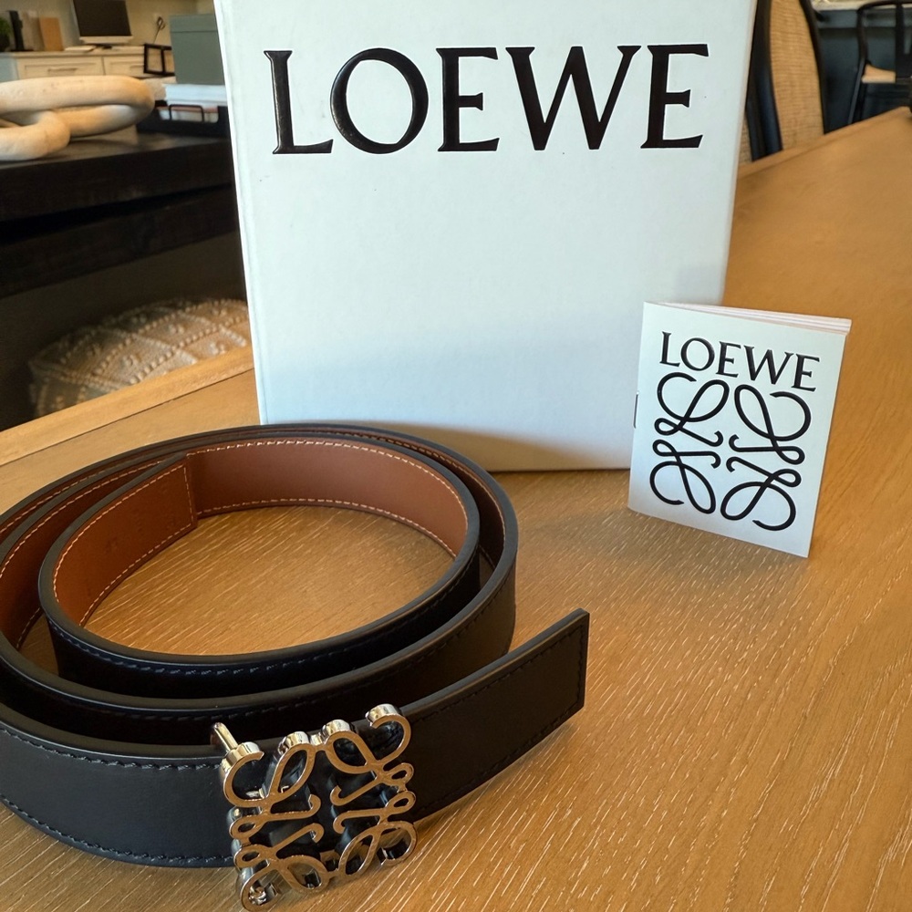 Loewe Black/Brown Leather Belt w/Silver Logo Buckle. Purchased at Saks.